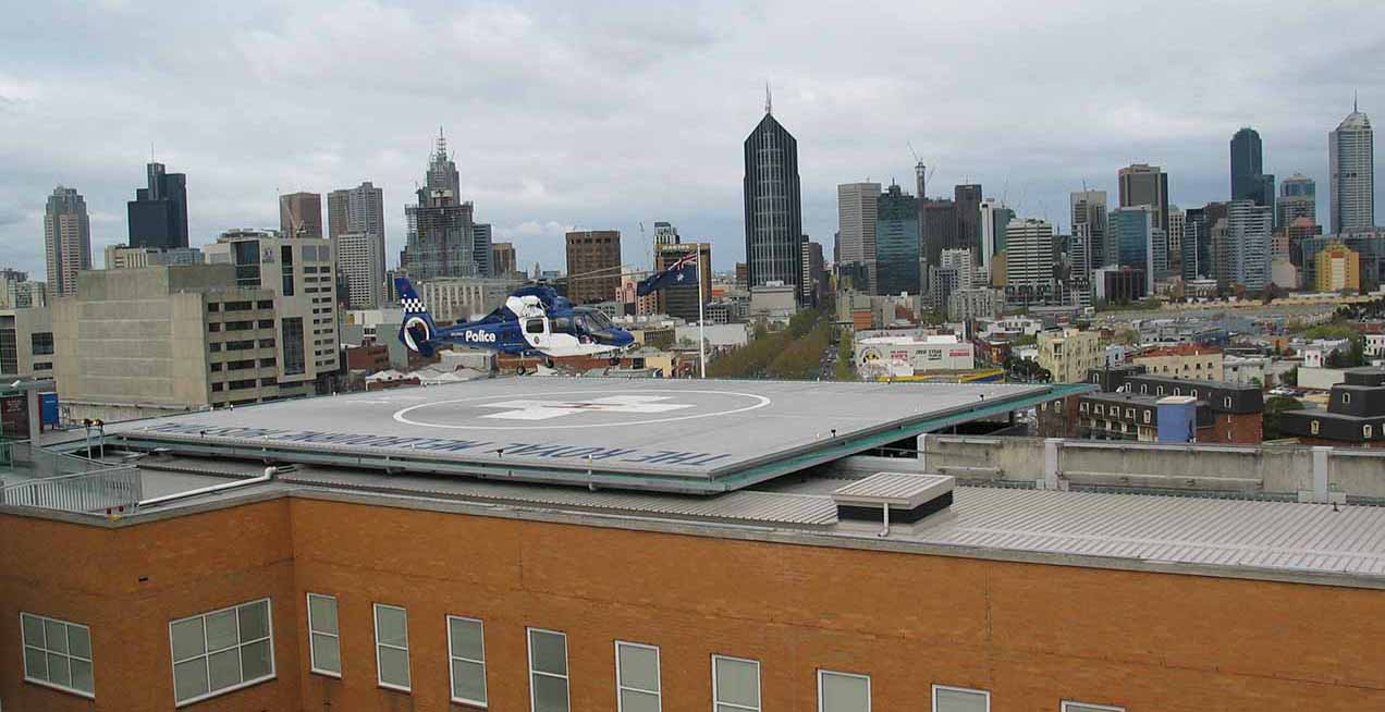 Royal Melbourne Hospital front entry building and Helipad